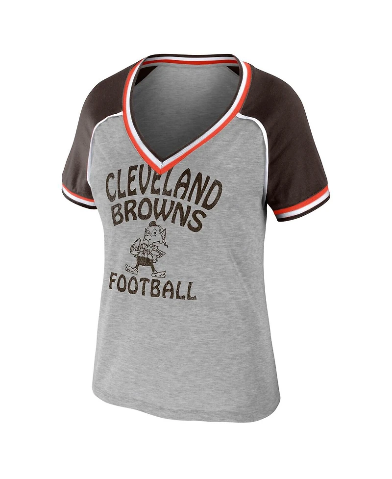 Women's Wear by Erin Andrews Heather Gray Distressed Cleveland Browns Cropped Raglan Throwback V-Neck T-shirt
