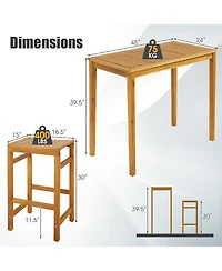 Costway 5 Pcs Acacia Wood Bar Table Set 45" Rectangular Dining Table & 4 Saddle Stools