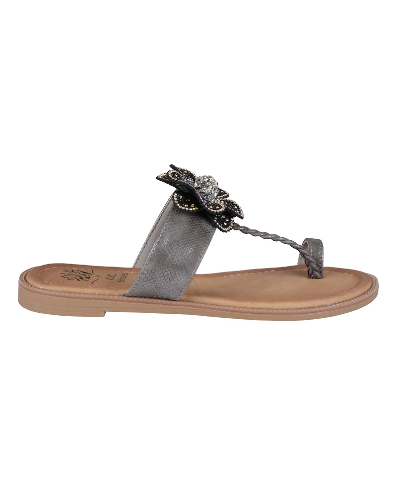Gc Shoes Women's Blossom Flower Embellished Toe Ring Flat Sandals