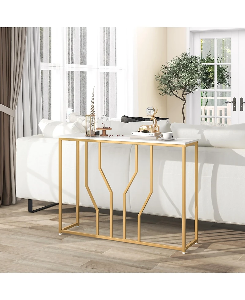 44" Gold Console Table with Faux Marble Tabletop Golden Metal Frame for Entrance