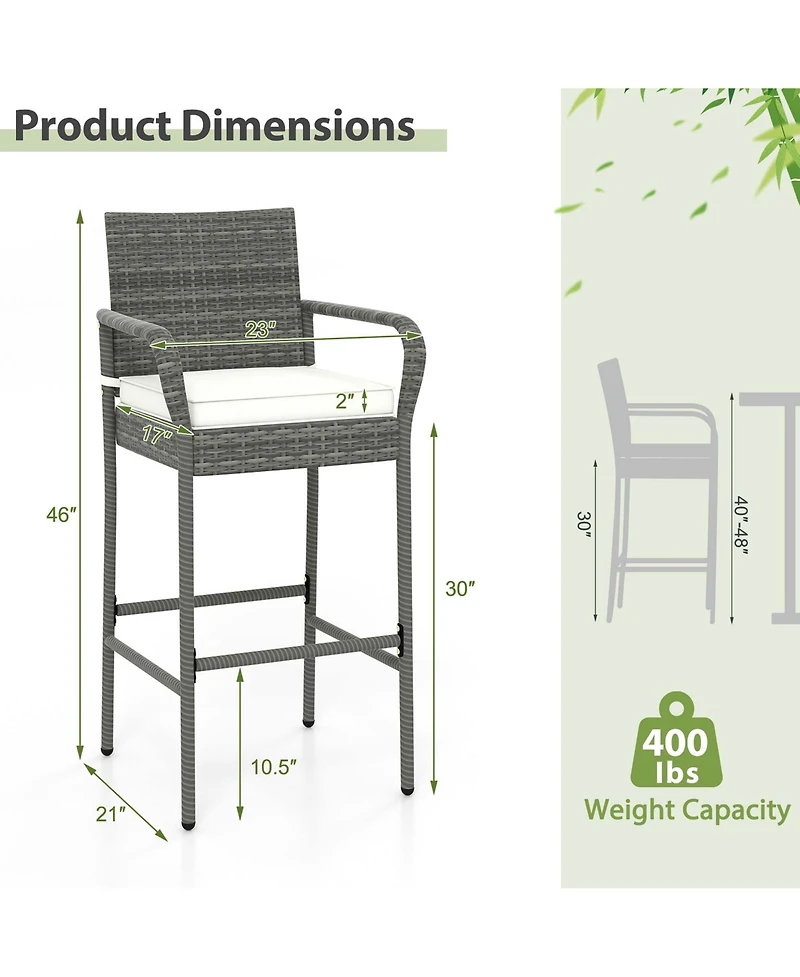 4PCS Patio Pe Wicker Bar Chairs Counter Height Barstools With Armrests &Cushions