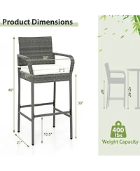 4PCS Patio Pe Wicker Bar Chairs Counter Height Barstools With Armrests &Cushions