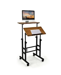 Height Adjustable Mobile Standing Desk with Tiltable Desktop & 2 Hanging Hooks