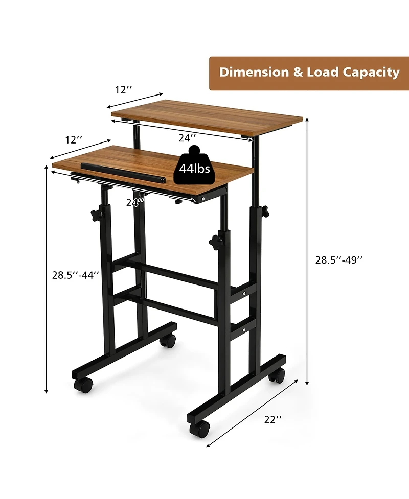 Height Adjustable Mobile Standing Desk with Tiltable Desktop & 2 Hanging Hooks