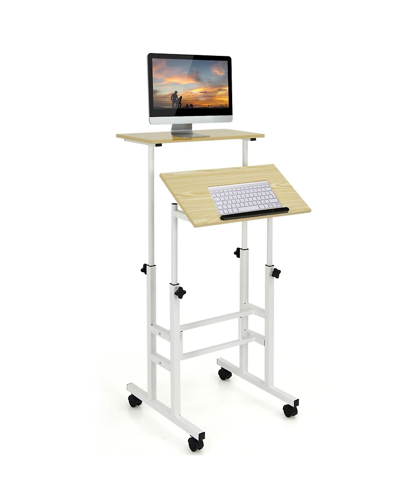 Height Adjustable Mobile Standing Desk with Tiltable Desktop & 2 Hanging Hooks
