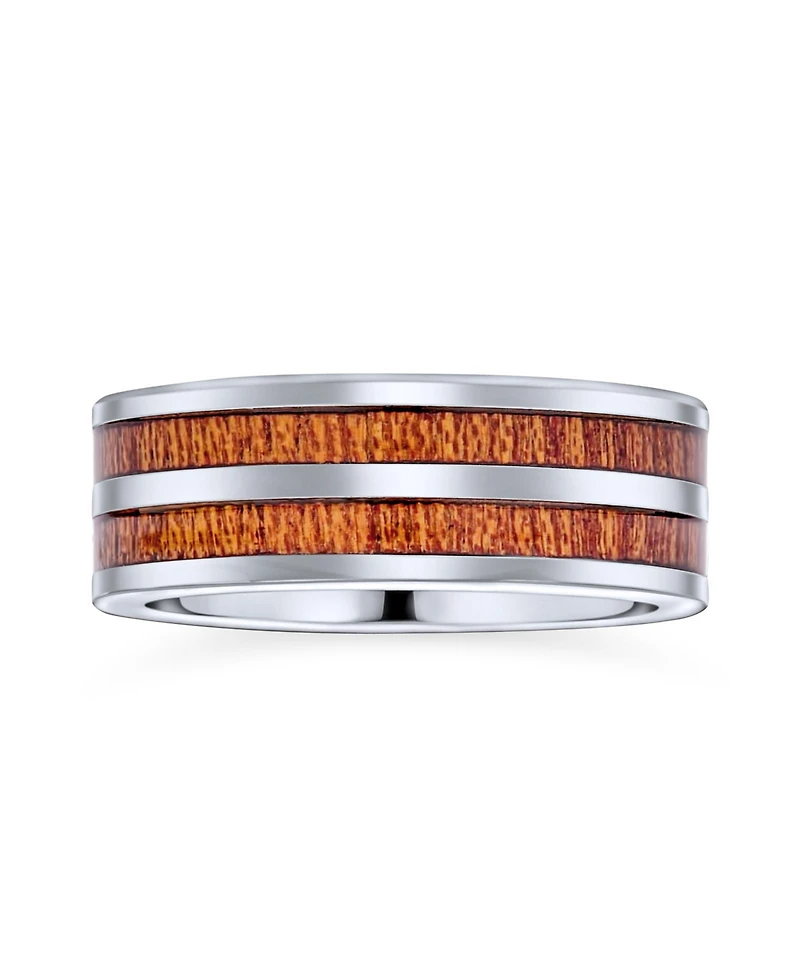 Bling Jewelry Double Row Wide Stripe Brown Koa Wood Style Inlay Titanium Band Rings Silver Tone Comfort Fit 8MM