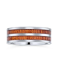 Bling Jewelry Double Row Wide Stripe Brown Koa Wood Style Inlay Titanium Band Rings Silver Tone Comfort Fit 8MM