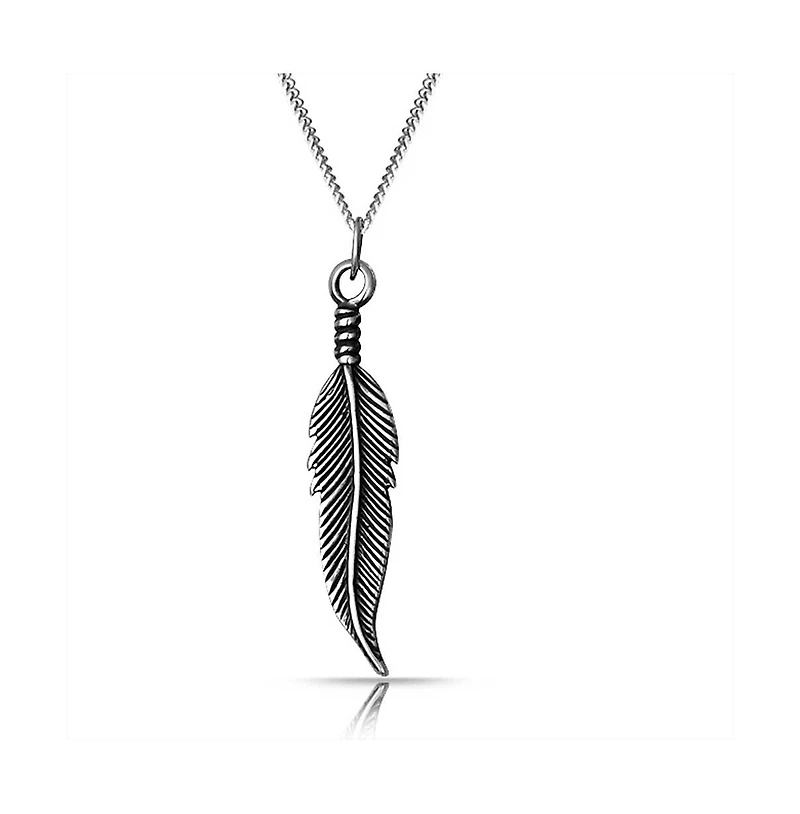 Bling Jewelry Feather Leaf Dangling Pendant Charm Necklace For Women Blackened Sterling Silver 18 Inches