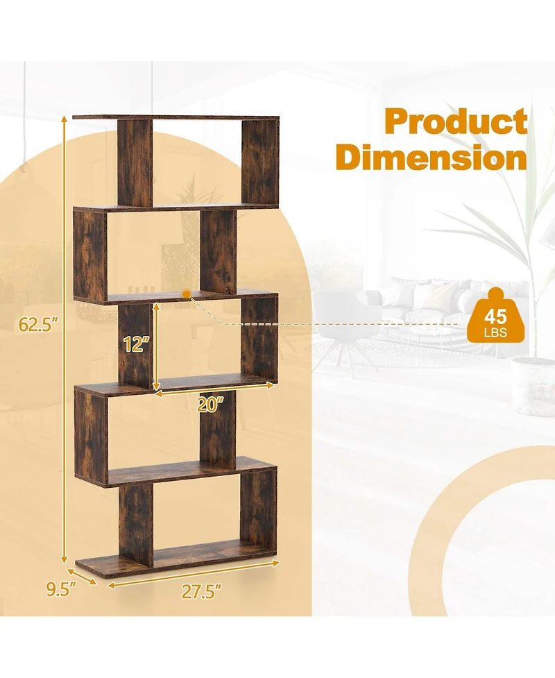 1 Pc 5-Tier Bookshelf Geometric S-Shaped Bookcase Room Divider Storage Display Shelf