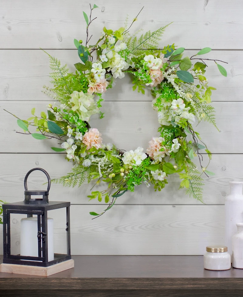 Northlight Hydrangea and Fern Spring Floral Berry Wreath, 28"