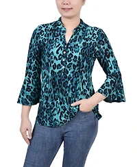 Women's 3/4 Bell Sleeve Pleat Front Y-neck Top