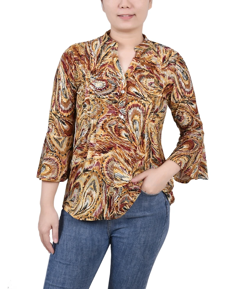 Women's 3/4 Bell Sleeve Pleat Front Y-neck Top