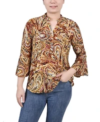 Women's 3/4 Bell Sleeve Pleat Front Y-neck Top