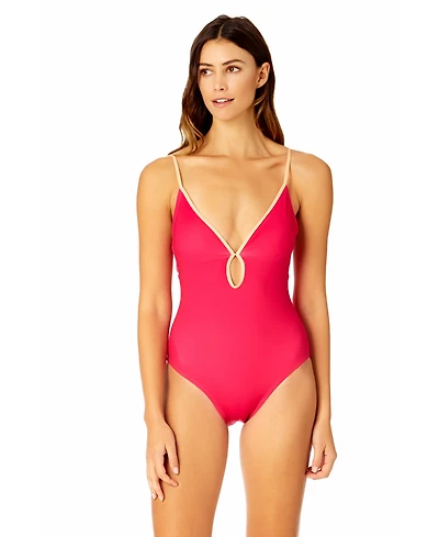 Women's Solid Piped Keyhole One Piece Swimsuit