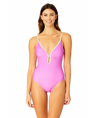 Women's Solid Piped Keyhole One Piece Swimsuit