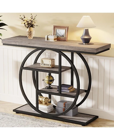 Tribesigns 41.3" Console Table, Industrial 4-Tier Sofa Table Entryway Table with Circle Base, Narrow Wood Accent Tables with Storage Shelves for Livin