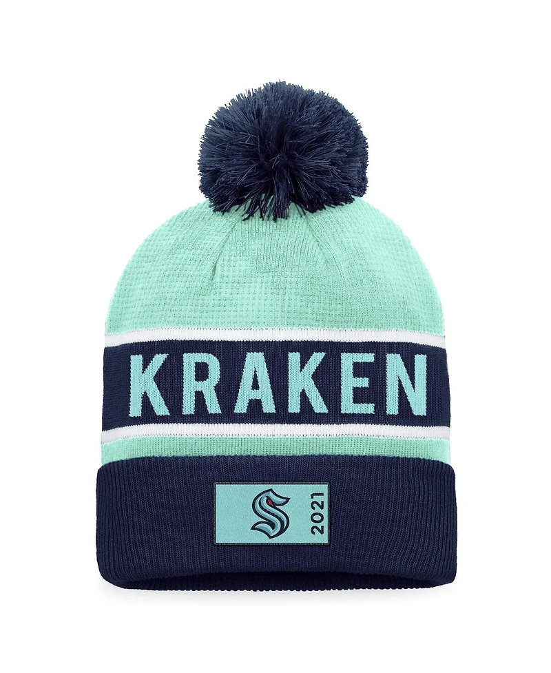 Men's Fanatics Deep Sea Blue, Light Blue Seattle Kraken Authentic Pro Rink Cuffed Knit Hat with Pom