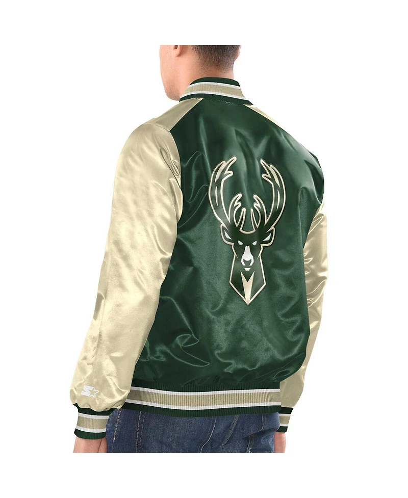 Men's Starter Hunter Green, Cream Milwaukee Bucks Renegade Satin Full-Snap Varsity Jacket