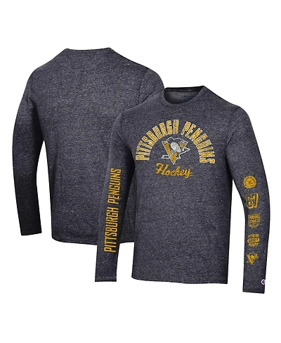 Men's Champion Heather Black Distressed Pittsburgh Penguins Multi-Logo Tri-Blend Long Sleeve T-shirt