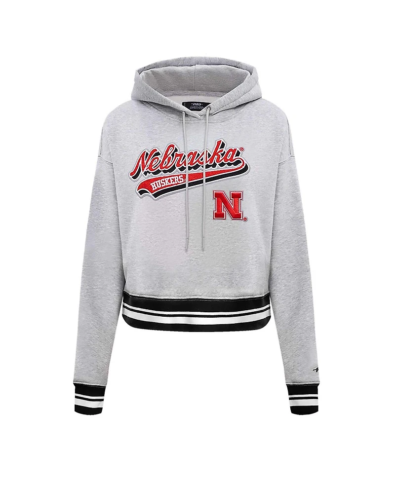 Women's Pro Standard Heather Gray Nebraska Huskers Script Tail Fleece Cropped Pullover Hoodie