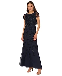 Adrianna Papell Petite Floral Beaded Blouson Short-Sleeve Gown
