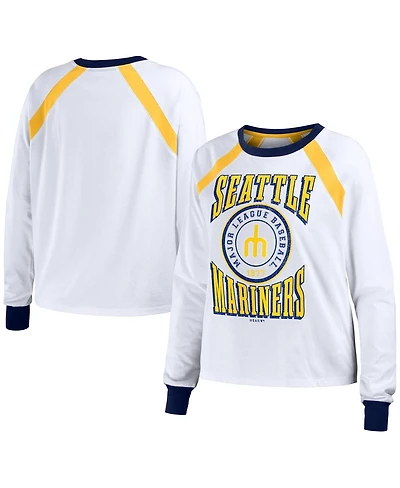 Women's Wear by Erin Andrews White Distressed Seattle Mariners Raglan Long Sleeve T-shirt