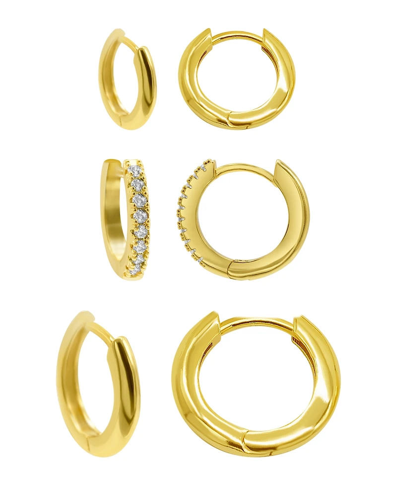Adornia 14K Gold Plated 3-Huggie Hoop Earrings Set with 1-Crystal Hoop