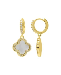 Adornia 14K Gold-Plated Crystal Halo White Mother-of-Pearl Clover Dangle Huggie Earrings