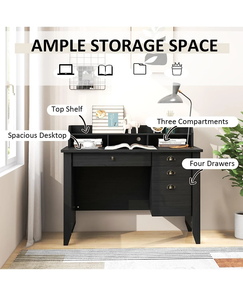 Vintage like Computer Desk with Storage Shelves and 4 Drawers