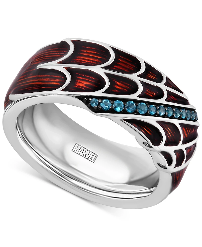 Marvel Wonder Fine Jewelry Men's London Blue Topaz (1/6 ct. t.w.) & Red Enamel Spiderman Web Ring in Sterling Silver