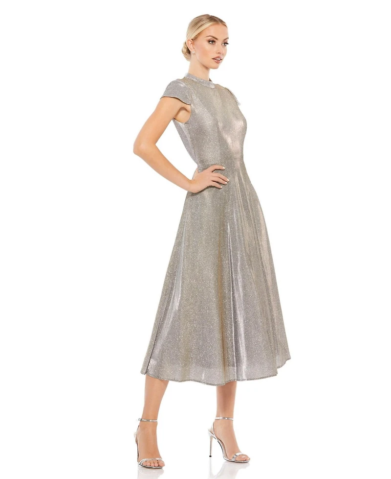 Mac Duggal Women's Ieena Metallic Cap Sleeve Tea-Length Dress