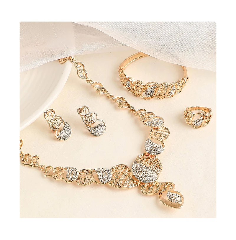 Sohi Women's Gold Embellished Intricate Necklace, Earrings, Bracelet And Ring (Set Of 4)