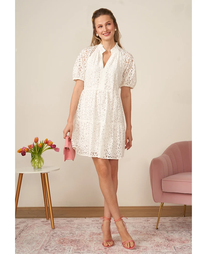 CeCe Women's Lace Babydoll Puff Sleeve Tiered Dress