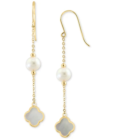 Effy Freshwater Pearl & Mother-of-Pearl Clover Linear Drop Earrings in 14k Gold