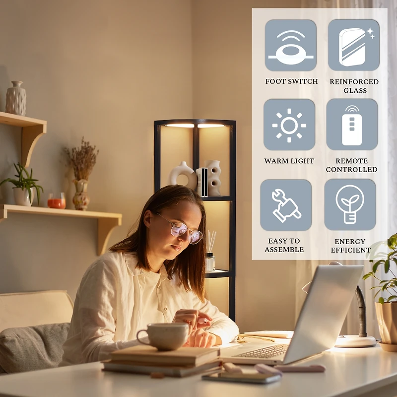 Fenlo Fantasy Edge - Corner Glass Display Shelf Floor Lamp with Fully Dimmable Led, Remote Control