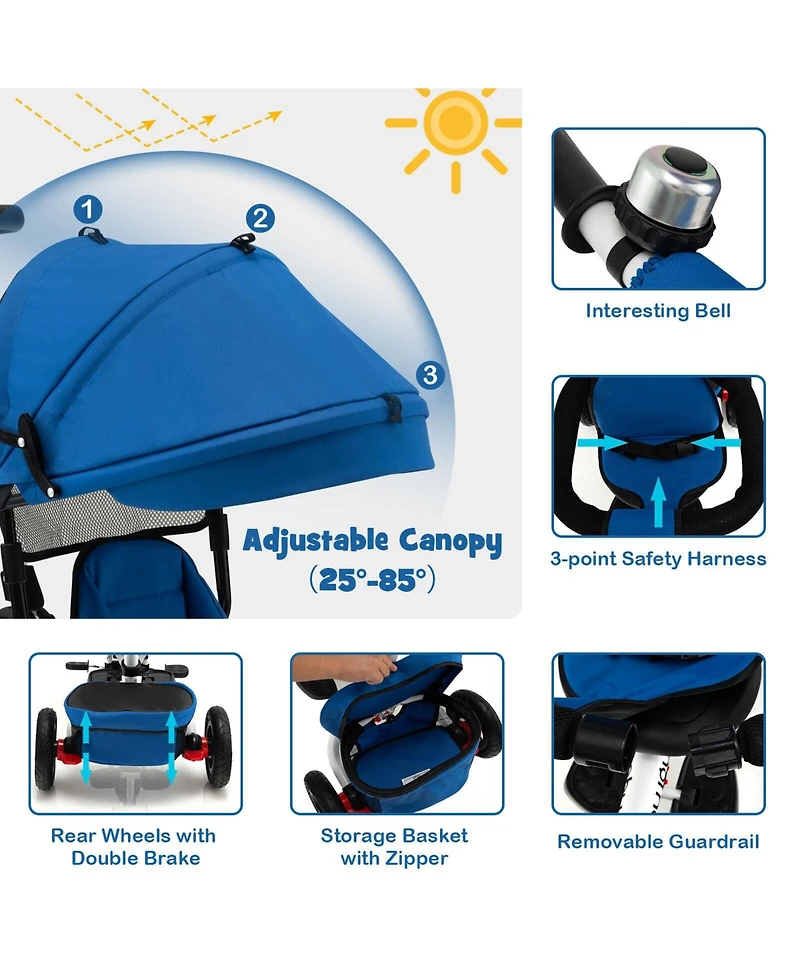 Slickblue Boys Folding Tricycle Baby Stroller with Reversible Seat and Adjustable Canopy