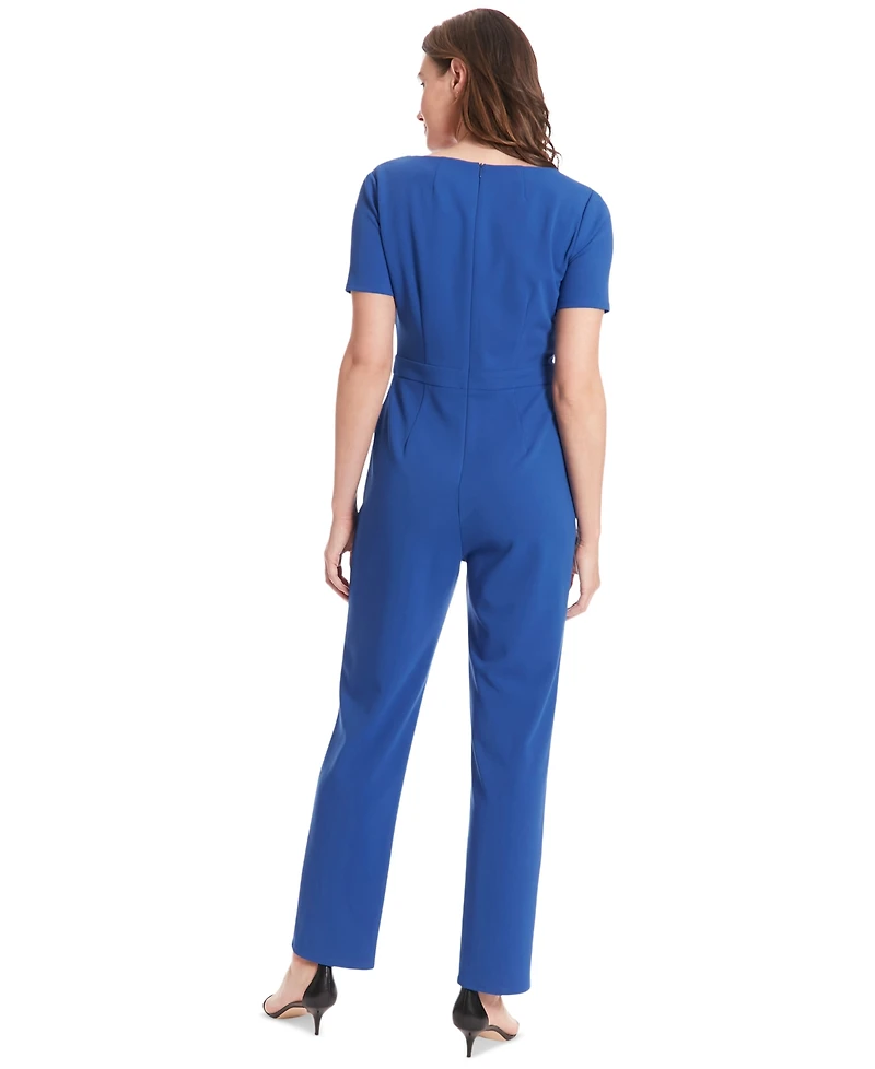 London Times Petite Short-Sleeve Bow-Neck Jumpsuit