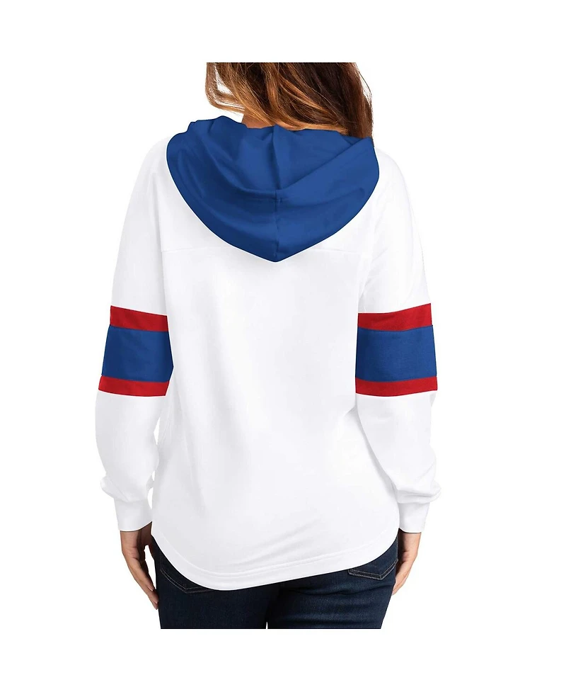 Women's G-iii 4Her by Carl Banks White, Blue New York Rangers Goal Zone Long Sleeve Lace-Up Hoodie T-shirt