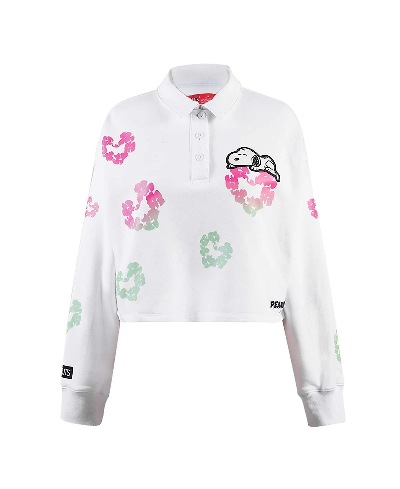 Women's Freeze Max White Peanuts Snoopy Sweet Heart Long Sleeve Cropped Polo