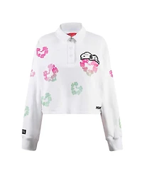 Women's Freeze Max White Peanuts Snoopy Sweet Heart Long Sleeve Cropped Polo