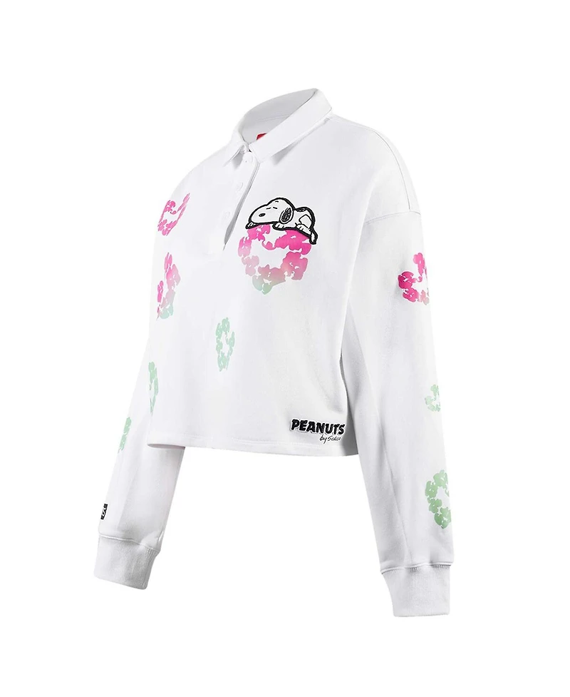 Women's Freeze Max White Peanuts Snoopy Sweet Heart Long Sleeve Cropped Polo