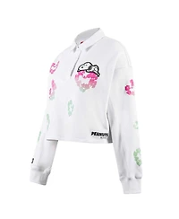 Women's Freeze Max White Peanuts Snoopy Sweet Heart Long Sleeve Cropped Polo