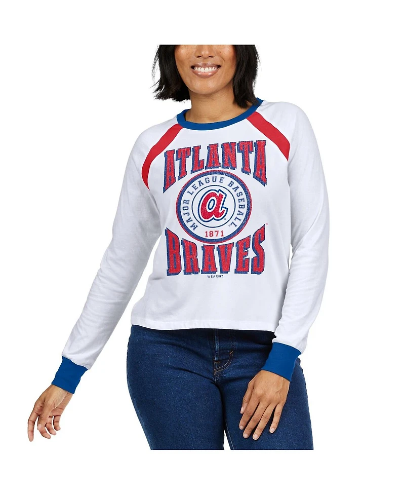Women's Wear by Erin Andrews White Distressed Atlanta Braves Raglan Long Sleeve T-shirt