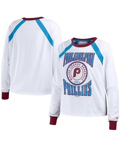 Women's Wear by Erin Andrews White Distressed Philadelphia Phillies Raglan Long Sleeve T-shirt