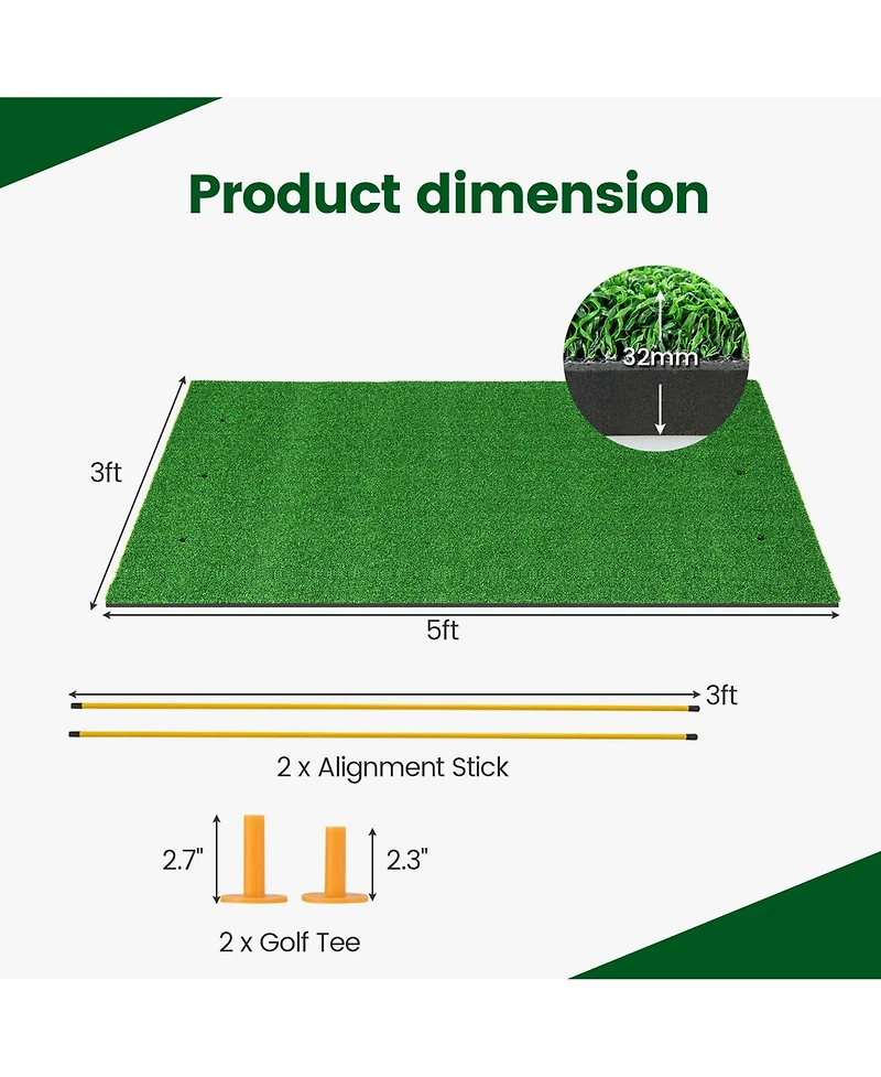 5 x 3 Ft Golf Hitting Mat Artificial Indoor Outdoor Turf Golf Training Mat 32 mm