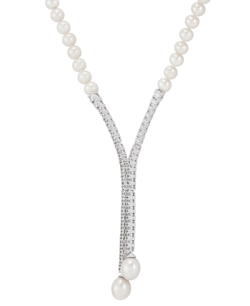 Arabella Cultured Freshwater Pearl (5mm & 10 x 8mm) & Cubic Zirconia Lariat Necklace in Sterling Silver, Created for Macy's