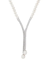 Arabella Cultured Freshwater Pearl (5mm & 10 x 8mm) & Cubic Zirconia Lariat Necklace in Sterling Silver, Created for Macy's