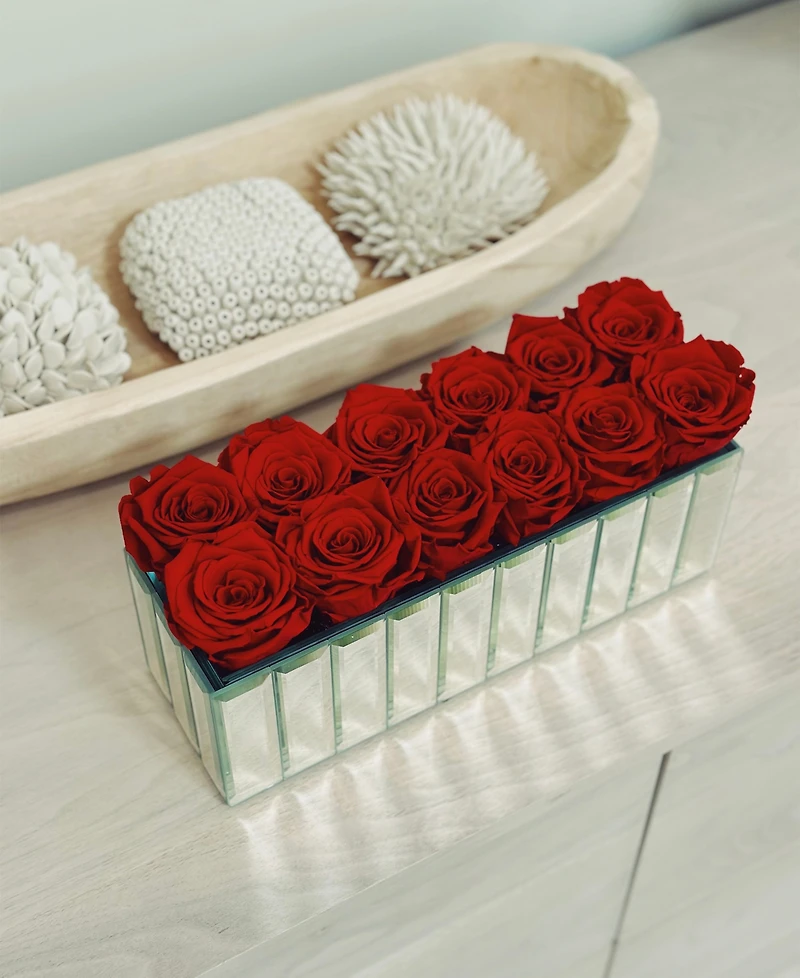 Rose Box Nyc Red Flame Long Lasting Preserved Real Roses in Modern Mirrored Centerpiece Vase, 12 Roses