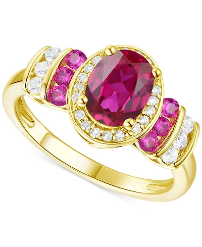 Lab-Grown Emerald (1-1/6 ct. t.w.) & White Sapphire (1/4 Oval Halo Ring 14k Gold-Plated Sterling Silver (Also Additional Gem