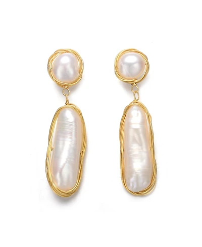 Sterling Silver with 14K Gold Plated and 2 Genuine Freshwater Pearl Dangling Earrings